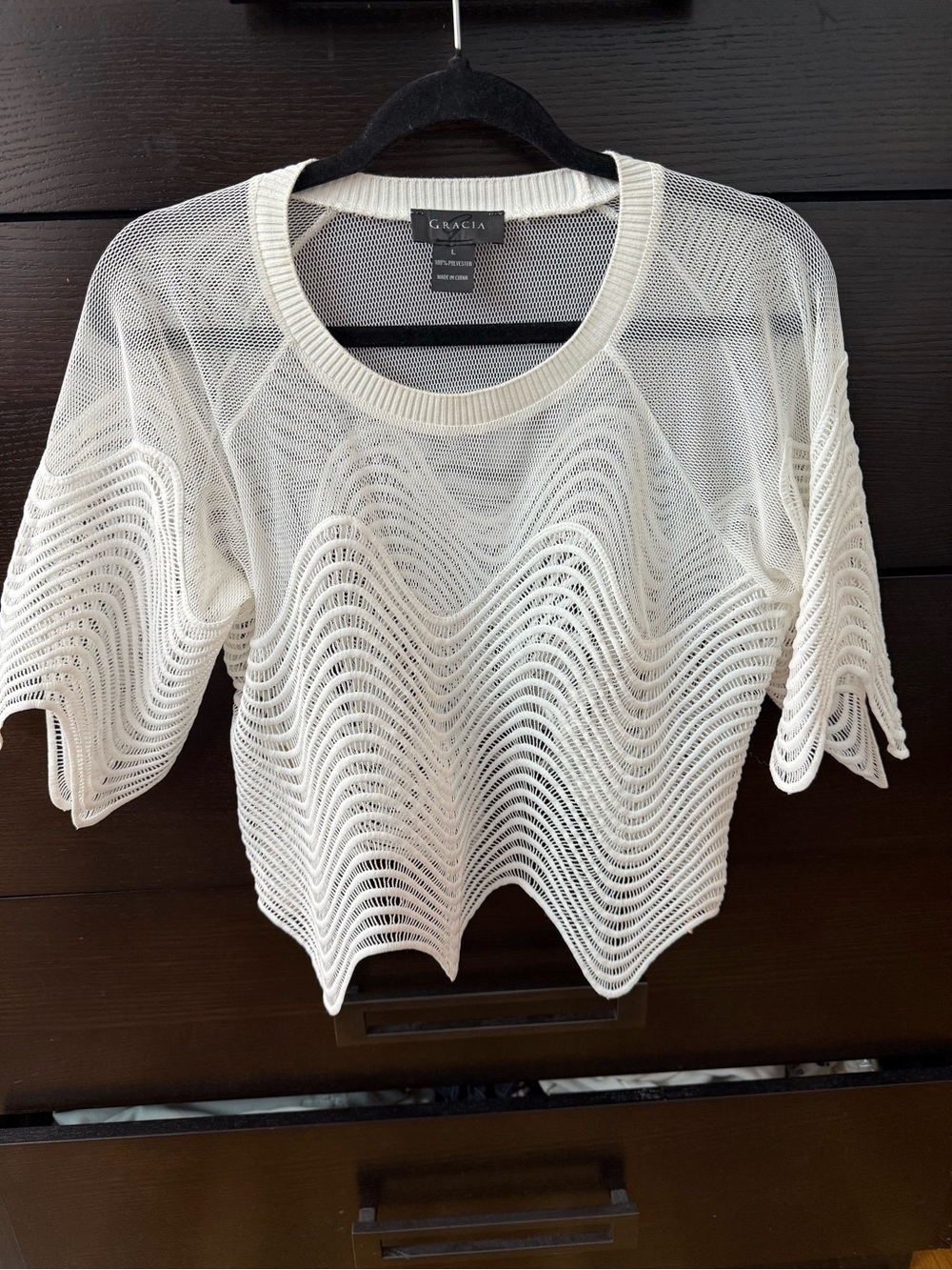 Gracia Cream Open-Knit Wave-Pattern Short Sleeve Top
